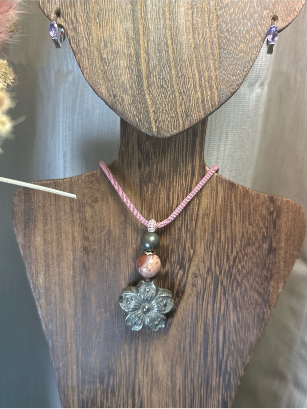 Pyrite Daisy Flower Pendant Necklace on Pink Adjustable Rope - Picture 6 of 15
